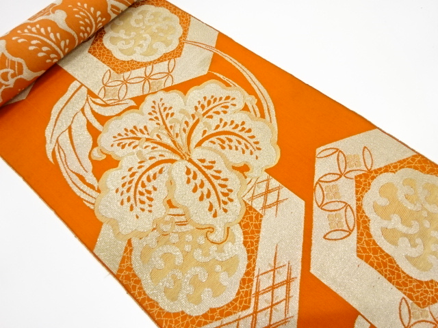 JAPANESE KIMONO / ANTIQUE BOLT FOR HASSUN OBI / WOVEN LILY & KIKKO